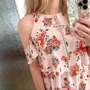 Peachy floral knee length dress with romantic cold shoulder sleeves